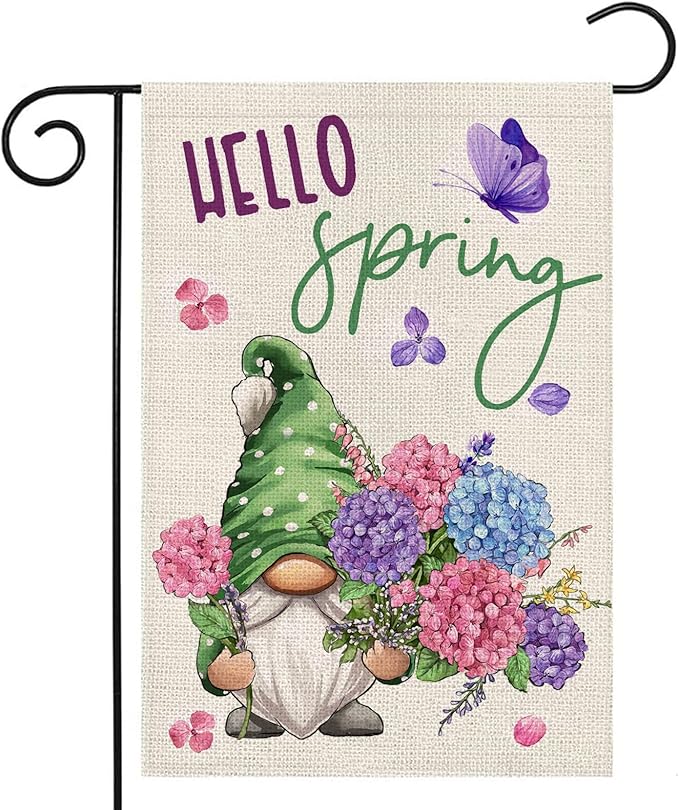 Hello Spring Garden Flag for Outside 12x18 Double Sided,Gnome with Hydrangeas Flowers Small Yard Flag, Summer Seasonal Decors for Outdoor Anniversary Wedding Farmhouse Holiday