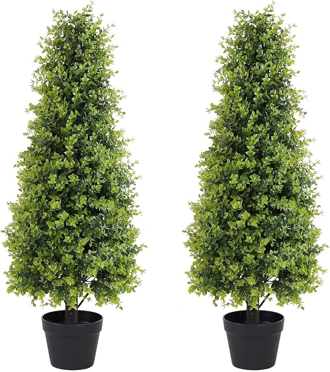 Binnny Flower 3ft Artificial Boxwood Topiary Trees, Set of 2 – UV Resistant Faux Evergreen Shrubs and Bushes for Outdoor Planters, Realistic Fake Plants for Front Porch Outside Patio Yard, 3 Foot Tall