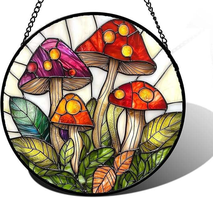 DASTOLL Stained Glass Window Hanging, Mushroom Leaves Suncatcher for Doors Home Sun Catchers Decoration and Christmas, Mother's Day Birthday Gifts for Women, Men, and Mom 7.8 in