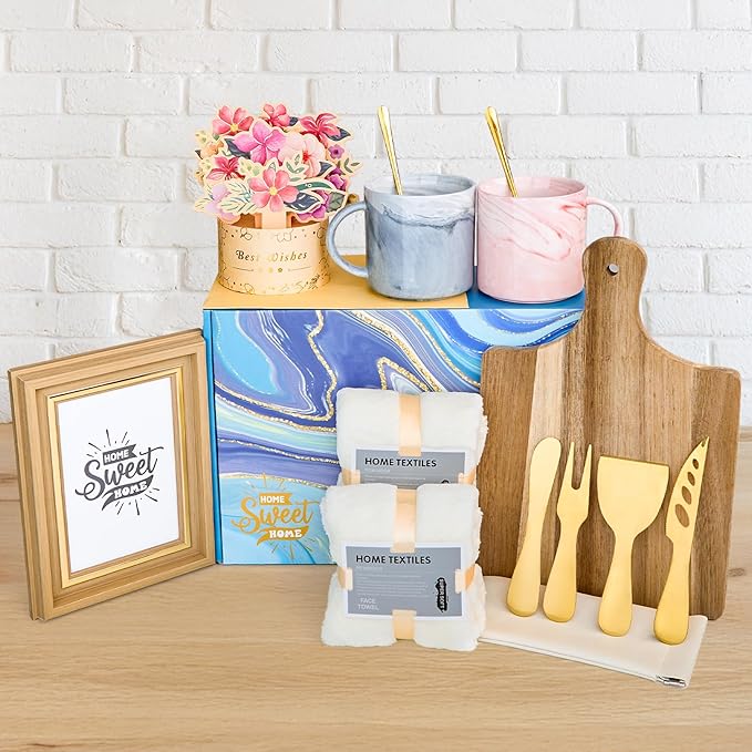 15Pcs Luxury House Warming Gifts New Home, Housewarming Gift Basket for Couples Friends First Apartment, Closing Gifts for Home Buyers, with Unique 3D Card Acacia Cutting Board Gold Cheese Knives