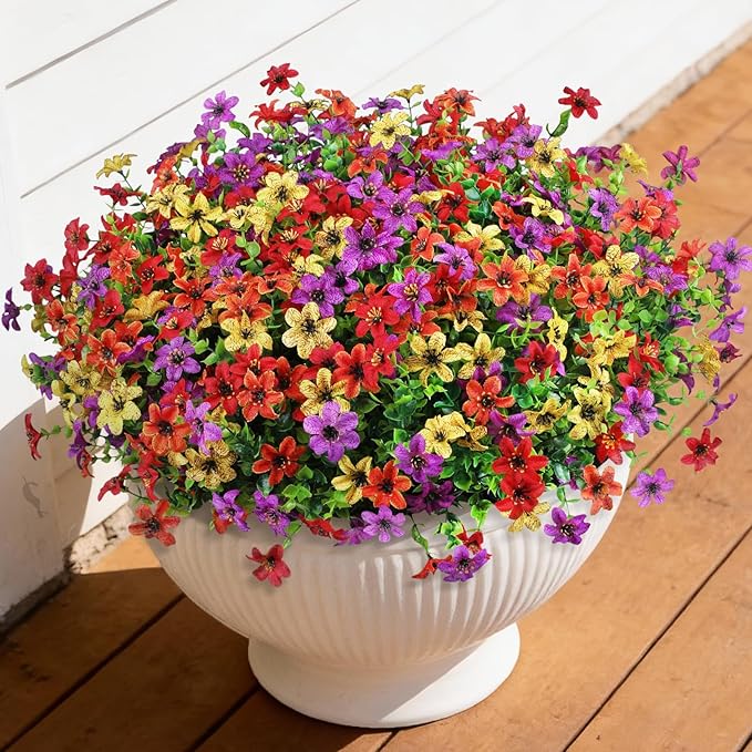 Homsunny Artificial Flowers for Outdoors 12 Bundles Fake Plants Spring Home Decoration, Realistic Faux Flower Silk Daisy with Eucalyptus Stem UV Resistant Patio Planter Porch Yard Window (4 Colors)