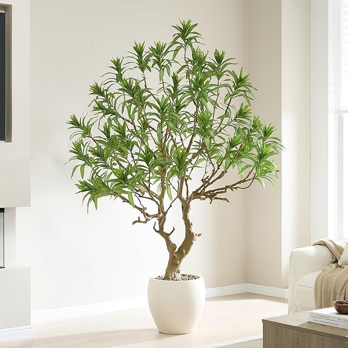 FloraFairy 7 Feet Artificial Dracaena Reflexa, Large Faux Tree with White Pot, Tall Dracaena Tree, Fake Plants for Home & Office Decor, Realistic Wood Trunk and Lifelike Leaves