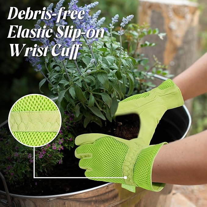 HANDLANDY Work Gloves for Women, Breathable Leather Gardening Glove for Yard Maintenance, Hand Protection with Touch Screen for Gardeners, Farmers
