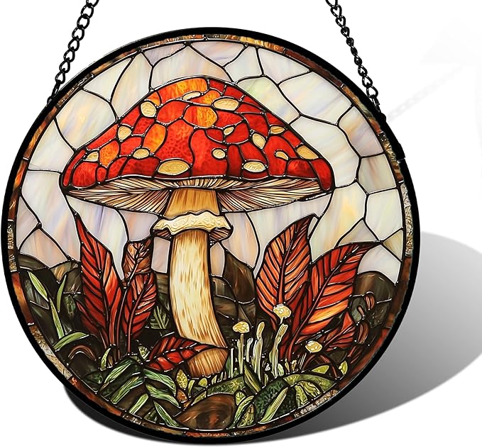 DASTOLL Stained Glass Window Hanging, Big Red Mushroom Suncatcher for Doors Home Sun Catchers Decoration and Christmas, Mother's Day Birthday Gifts for Women, Men, and Mom 7.8 in