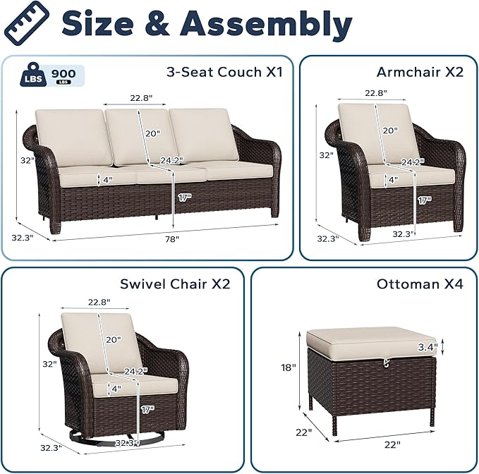 9 PCS Outdoor Conversation Set | 78" Couch, 2 Swivel Chairs, 2 Chairs, 4 Ottomans, Patio Wicker Conversation Furniture with Removable Cushions for Bistro, Deck, Sunroom (Beige)