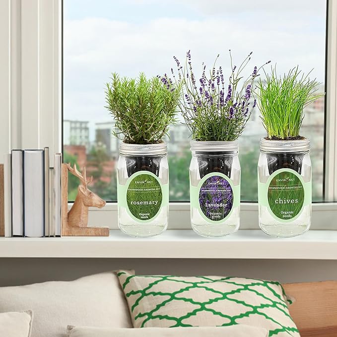Environet Hydroponic Herb Growing Kit Set, Self-Watering Mason Jar Herb Garden Starter Kit Indoor, Grow Your Own Herbs from Seeds (Lavender, Rosemary & Chives)