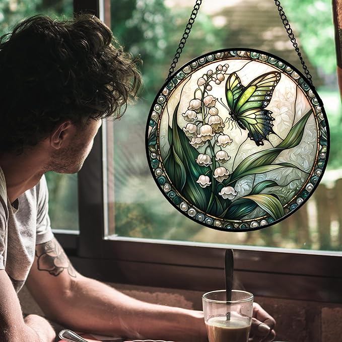 DASTOLL Stained Glass Window Hanging, Lily of The Valley Flower Butterfly Suncatcher for Doors Home Sun Catchers Decoration and Christmas, Mother's Day Birthday Gifts for Women, Men, Mom 14.9x14.9 in