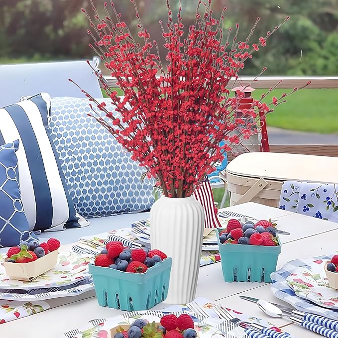 5 Pcs Valentine's Day Flowers Artificial Red Flowers 29.5" Long Stems Patriotic Picks with Mini Red Berry for DIY Floral Art Plant Wedding Home Office Table Decorations