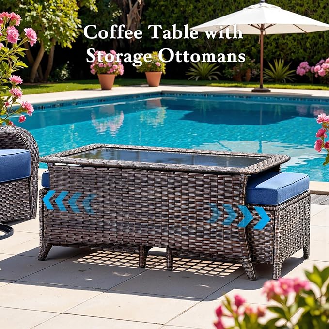 Belord Luxury 6" Thick Cushioned 7 Pieces Patio Furniture Set with Outdoor Couch, Wicker Outdoor Conversation Set with High Back Swivel Rocker Chairs for Deck Porch Yard and Poolside - Brown+Blue