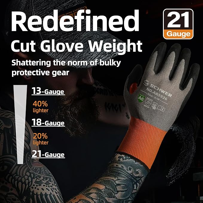 Schwer A6 AIR-SKIN Cut Resistant Work Gloves, Comfortable & Breathable, 21-Gauge Seamless Knit Flexible Safety Working Gloves with Grip for Refined Tasks, Touch-screen, Non PFAS, 2 Pairs, L, AR5926