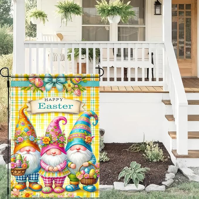 Happy Easter Garden Flag 12 x 18 inch Double Sided Outdoor Decoration Flag Cute Gnome Yard Flag Farmhouse Small Yard Flag Holiday Garden Outdoor Flags Welcome Yard