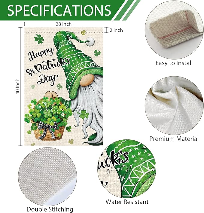 Heyfibro Happy St. Patrick's Day Gnome Garden Flag 28x40 Double Sided Burlap, Shamrock Basket Yard Flag for Spring Seasonal Irish Holiday Farmhouse Yard Outdoor Decor(ONLY FLAG)