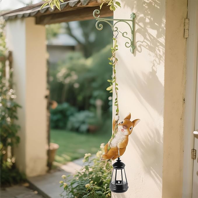 Solar Hanging Bunny Rabbit Statue, Outdoor Resin Animal Figurine with LED Lights for Garden, Fence, Porch, Patio, Yard Decor, Dusk to Dawn Auto On/Off