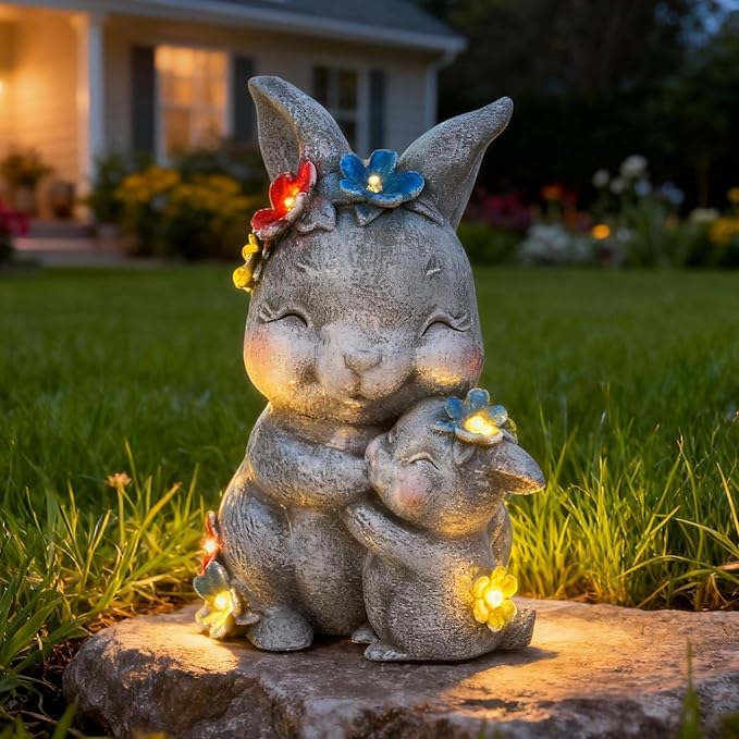 Komothala Solar Garden Statue Light, Resin Rabbit Figurine with Flowers Outdoor Decor for Patio, Lawn, Yard, Housewarming Birthday Gifts Gift for Bunny Lovers, Mom, Grandma, Women (Grey Rabbit)