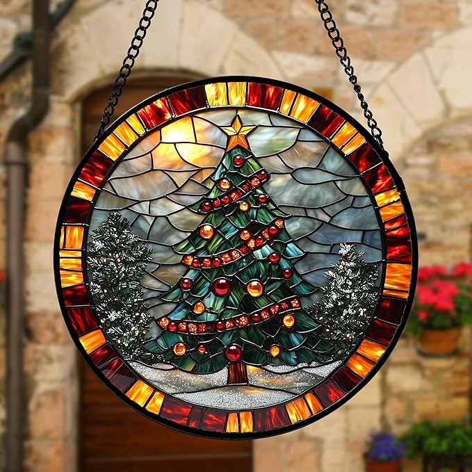Stained Glass Window Hanging - Winter Christmas Tree Suncatcher Ready to Hang Window Doors Home Decoration, Christmas, Mother's Day Birthday Gifts for Women, Men, and Mom 11.8x11.8 in