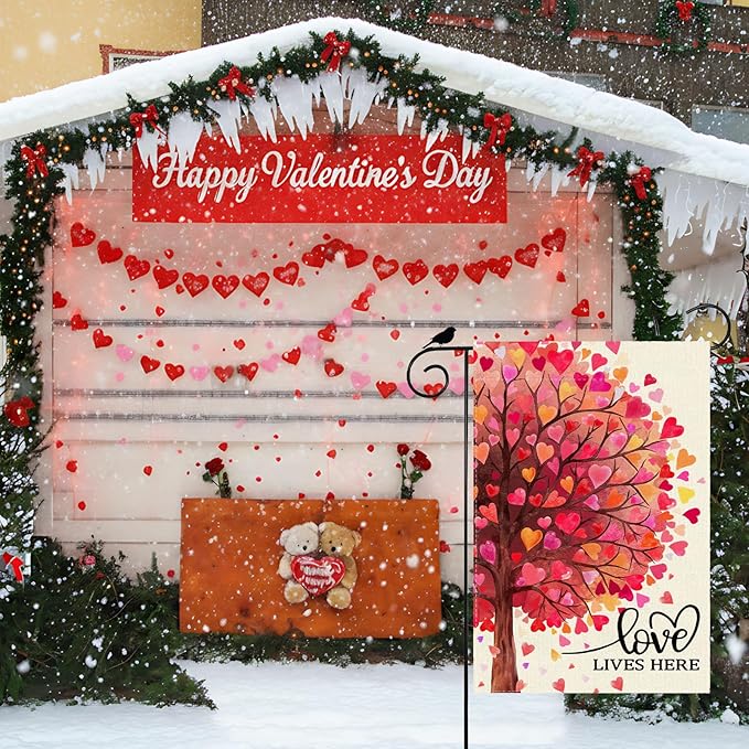 Love Lives Here Love Heart Shaped Tree Valentine’s Day Garden Flag Yard Flag 12x18 Inch Double Sided Small Mini Yard Outdoor Outside Holiday Decoration