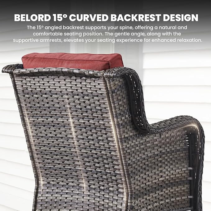 Belord Outdoor Furniture Set Patio Wicker Chairs, 3 Peices Porch Rattan Furniture with Side Table, Deep Seating Patio Bistro Chair Sets (Red Cushion)