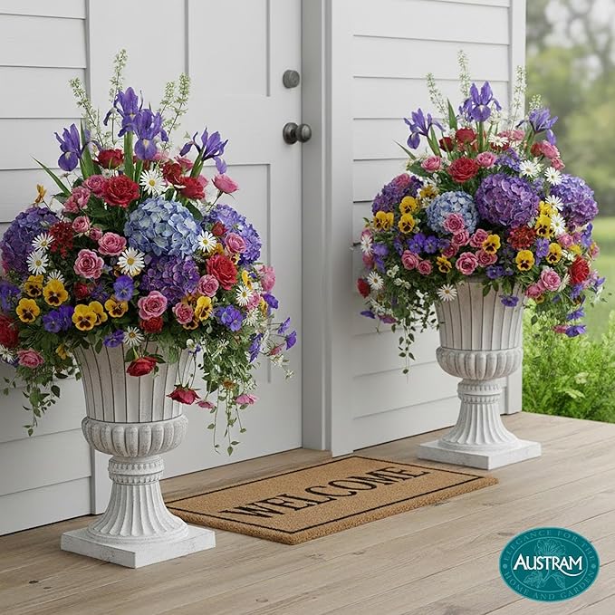 Austram Urn Planters 22", Set of 2, Tall Stone-Resin Pedestal Planters for Outdoor Plants, Large Front Porch Decor, Patio Garden Pots, Outdoor Urns for Entryway, Porch & Deck, White Plant Pot