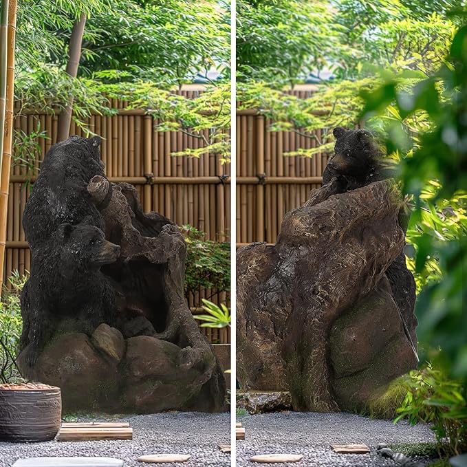 22'' Outdoor Bear Fountain with LED Lights – Wildlife Water Feature for Garden, Patio, Yard, or Porch – Durable Polyresin Animal Waterfall Decor – Rustic Brown & Black Finish