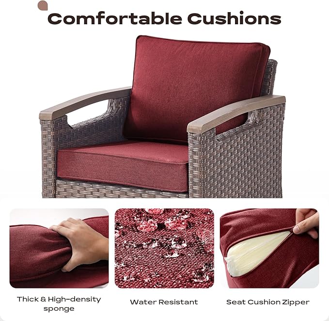 Rilyson Outdoor Patio Swivel Rocking Chairs Set of 2, Patio Bistro Set with All Weather Wicker, Metal Armrest, Deep Seating, Thick Cushions, Side Table, Ideal for Deck Porch Backyard, Brown/Red