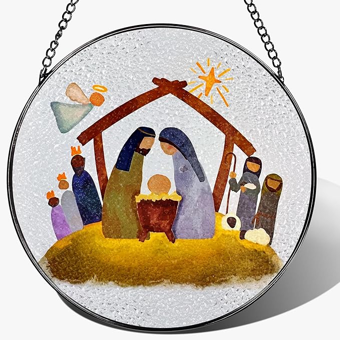 8'' Stained Glass Window Hanging, Nativity Scene Ornament, Christian Ornament, Holy Family Decoration, Religious Holiday Decor, Gift for Christmas, Religious Gifts, Christian Gifts