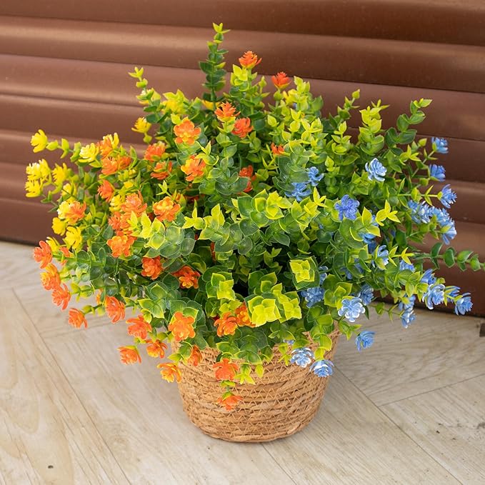 BCBLF Artificial Flowers Outdoors, 12 Bundles Fake Flowers UV-Anti for Decoration Faux Plastic Plants Garden Porch Window Box Décor, YellowPurpleBlueGreen