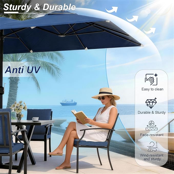 10-Pieces Patio Conversation Set,Metal Outdoor Furniture Set Includes 13.6FT Navy Umbrella,Hole Cut-Out 78.7" x 35.4" Table and 8 Metal Backrest Chairs for Backyard,Garden,Navy