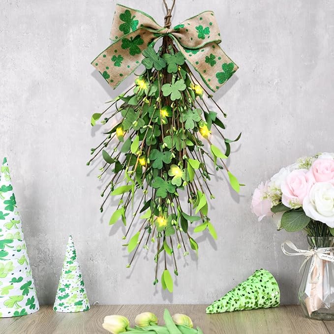 2 PCS St.Patrick's Day Swag Wreath for Front Door Artificial Shamrock Teardrop Swags Wreath Lucky Irish Kitchen Cabinet Wreaths for Home Indoor Outdoor Porch Wall Window Fireplace Mantel Decoration