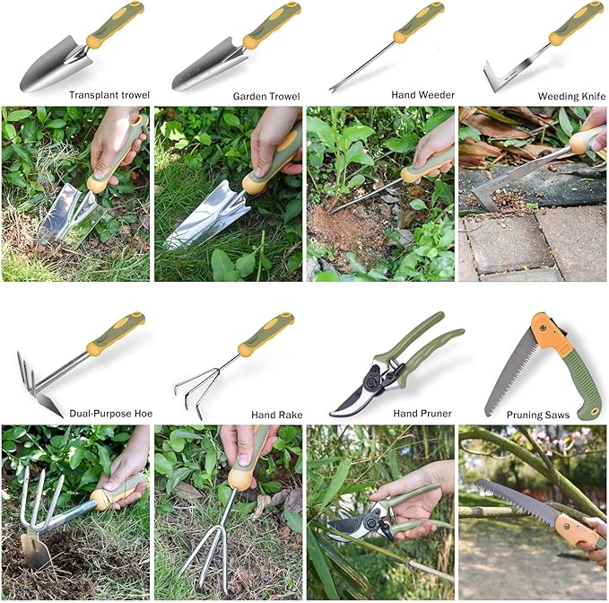 Garden Tool Set, WisaKey 9 Piece Stainless Steel Heavy Duty Gardening Hand Tools with Handle, Durable Garden Tool Bag, Gardening Gifts for Women and Men White Elephant Gifts for Adult
