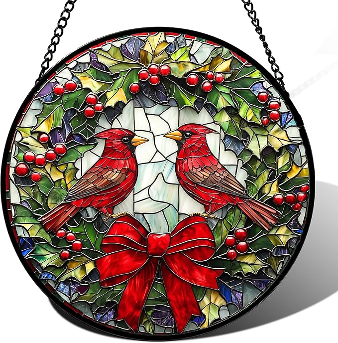DASTOLL Stained Glass Window Hanging - Cardinals Green Wreath Suncatcher for Doors Home Christmas Decoration Red Bird Sun Catcher Thanksgiving New Year Birthday Gift for Women Men Mom Nana 14.9 in