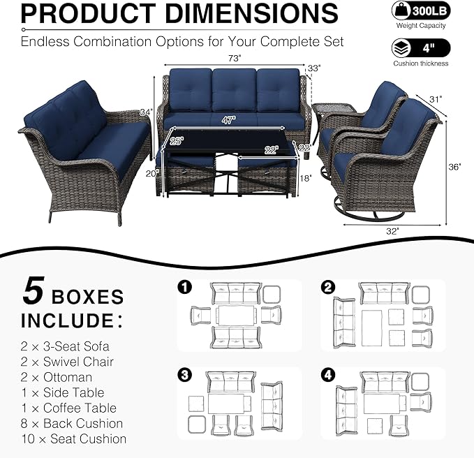 Joyside 8 Piece Wicker Patio Furniture Set, Outdoor Swivel Rocker Patio Chairs with High Back, Deep Seating, Wide Armrest, Thickened Cushions, Outdoor Furniture for Deck, Porch Use