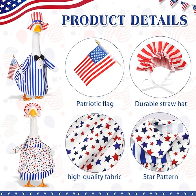 2 Set 4th of July Goose Outfit Lawn Porch Goose Clothes Plastic Goose Lawn Goose Clothing Independence Day Goose Outfit for Patriotic Outdoor Patio Yard Lawn Art Decoration (Elegant)