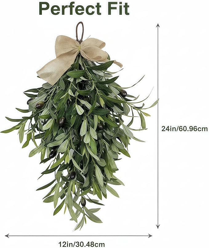 2026 Spring Olive Branch Teardrop Swag 24 Inch, Extra Full & Thick Faux Greenery with Upgraded Ribbon & Textured Leaves, Sturdy Farmhouse Hanging Wreath for Door, Wedding Arch, Kitchen, Bathroom Decor
