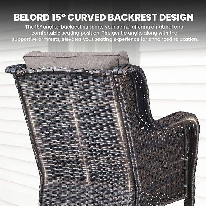 Belord High Back Patio Chairs Set of 2 - Brown Wicker Chairs Outdoor Seating, 4" Wide Armrests Rattan Outdoor Club Chair with Grey Removable Cushion for Deck Porch Backyard