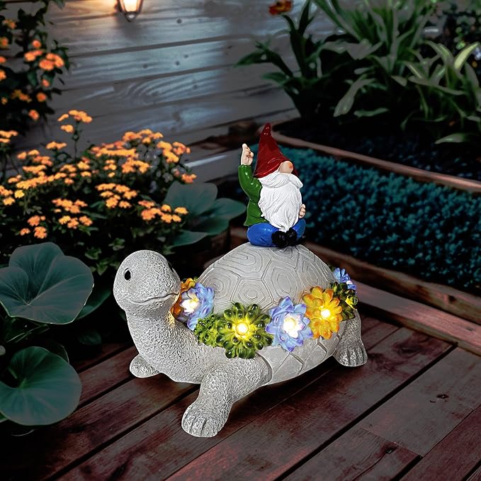 memeyou Gnome Hide a Key Outside Turtle Garden Decor Outdoor Key Hider Statues Funny Decorations for Yard Patio Lawn Solar Figurine with Light Ornaments Housewarming for Women Mom Grandma