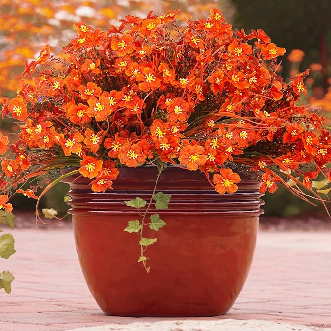 Grunyia 20 Bundles Artificial Fall Flowers Outdoor,No Fade Fake Plastic Flowers,Faux Autumn Plants for Indoor Outside Garden Porch Window Box Home Wedding (Fall Red)