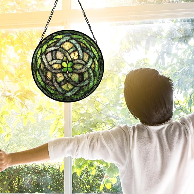 DASTOLL Stained Glass Window Hanging, Abstract Green Clover Sun Catchers Colorful Glass Panel Bless Suncatcher Decor for Birthday for Women, Men, Wife, Aunt, and Mom 7.8 in