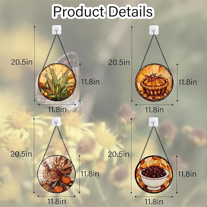 AMDERVEN Stained Glass Window Hanging 4 Pcs Set Brown Turkey Berry Corn Large 11.8" - Suncatcher Door Garden Sun Catcher Decor Birthday Thanksgiving Mother's Day for Mom Woman Nana Men