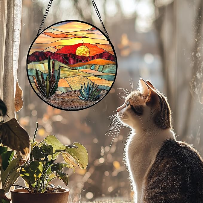 Stained Glass Window Hanging, Golden Landscape Dusk Sunset Suncatcher for Doors Window Home Cactus Sun Catchers Decoration Mother's Day Birthday Gifts for Women, Men, and Mom 11.8 in