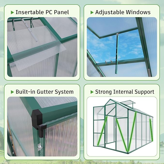 Greenhouse for Outdoors 6.1x10.1x7.2 FT, Polycarbonate Greenhouses with Roof Vent, Lockable Door and Ground Nails, Heavy-Duty Aluminum Walk-in Green House, Large Sunroom for Garden, Green