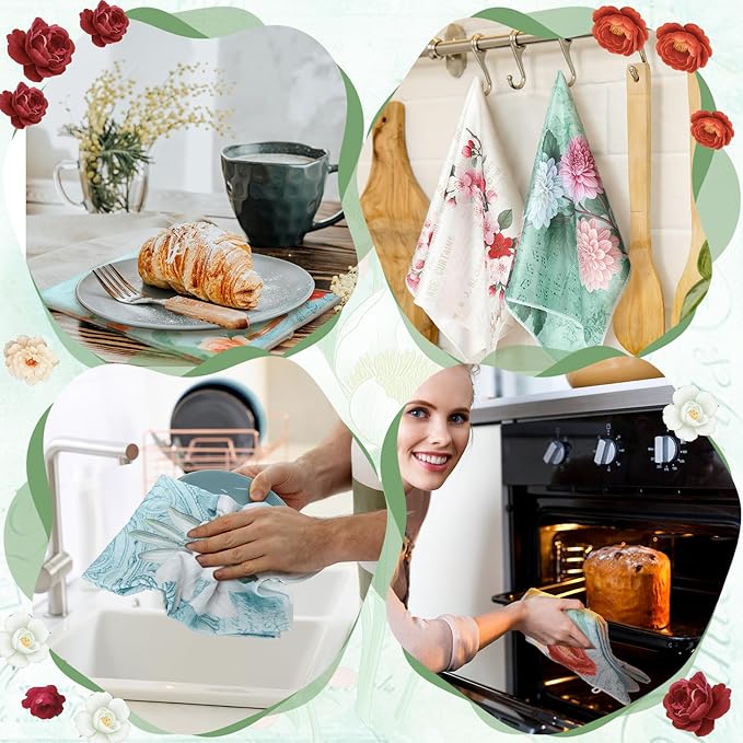 Bencailor 16 Pcs Spring Floral Kitchen Towels Bulk Flower Dish Hand Towels Ultrafine Fiber Absorbent Wildflower Tea Cloths for Kitchen Bathroom Decor, 16 x 24 Inch