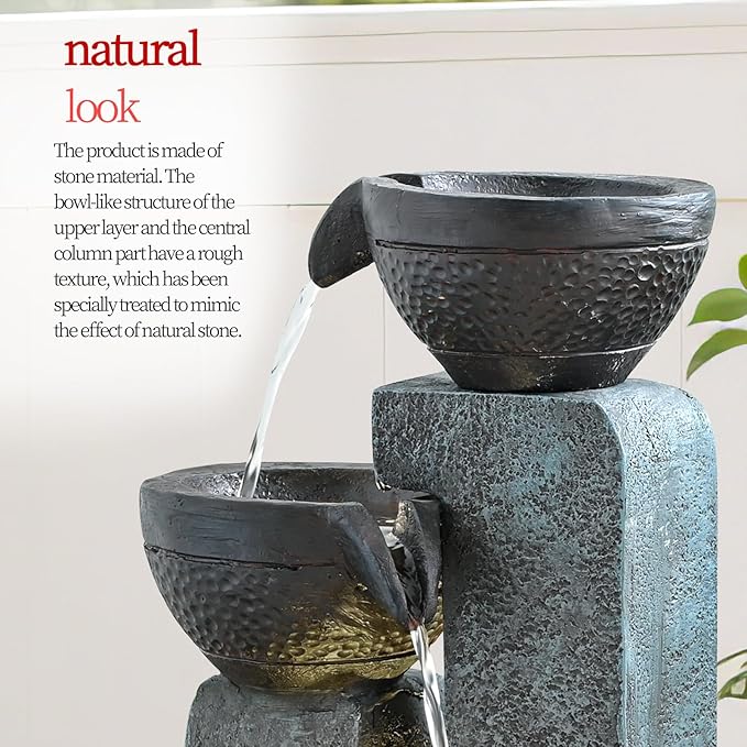 40" Inch Water Fountain Outdoor&Indoor 4-Tiers Large Outdoor Patio Decor Gray Garden Water Fountain for Outside Waterfall with LED Light&Pump Resin Modern Floor-Standing Water Feature Outdoor