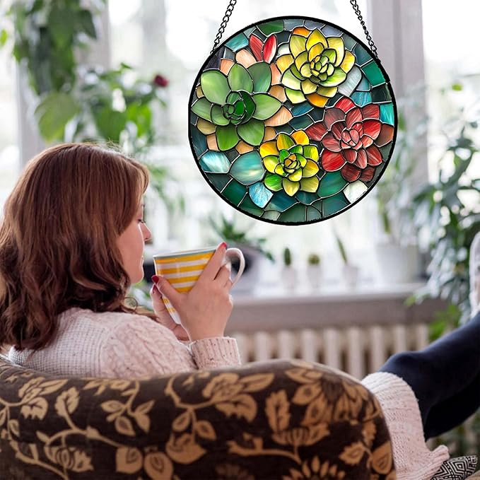 HWRHTR Stained Glass Window Hanging - Red Green Succulent Plants Suncatcher for Doors Window Home Sun Catchers Decor Christmas Mother's Day Birthday Gifts for Teacher Women Men Mom Nana 15 in