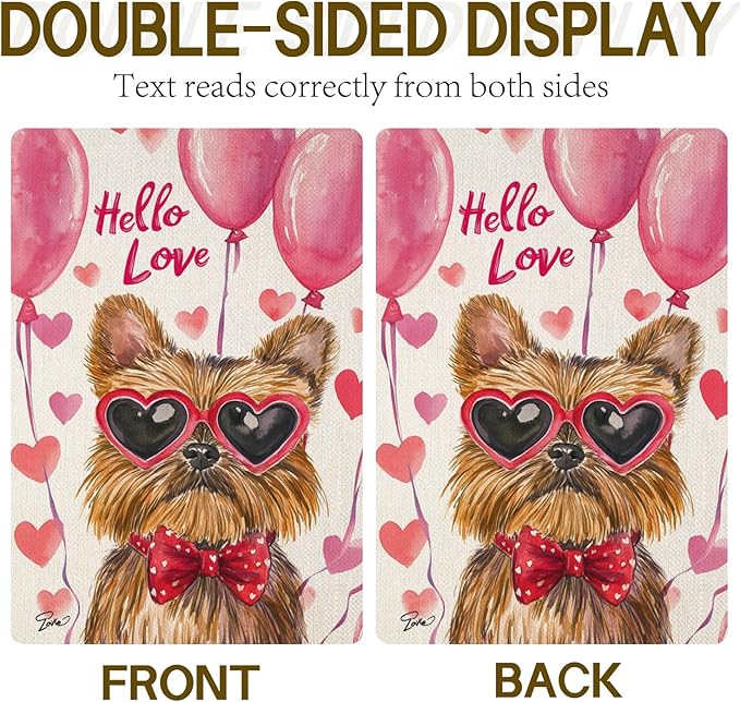 Valentine's Day Brussels-Griffon Hello Love Garden Flag, House Yard Plaid Love Heart Outside Decoration, Spring Holiday Wedding Anniversary Outdoor Small Decor 12x18(12653)