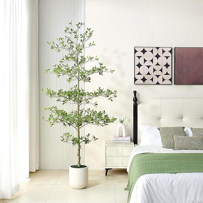 6.8FT Artificial Black Olive Tree in White Planter – Tall Faux Olive Tree with Realistic Leaves, Shady Lady Style Indoor Fake Plant for Home Office Decor