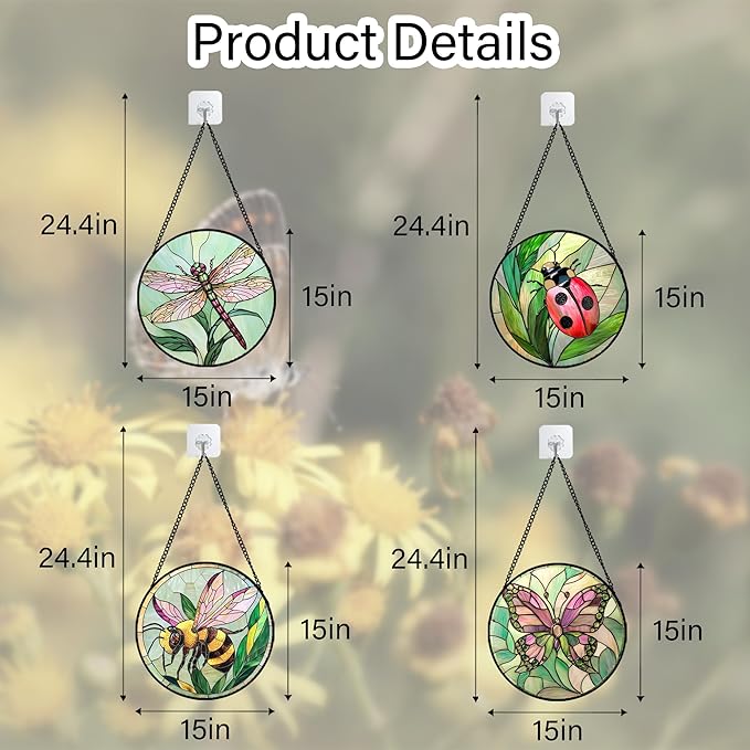 DASTOLL Stained Glass Window Hanging 4 Pcs Set Pink Green Insect Theme Large 15" - Butterfly Suncatcher Door Garden Sun Catcher Decor Birthday Christmas for Mom Woman Nana Men
