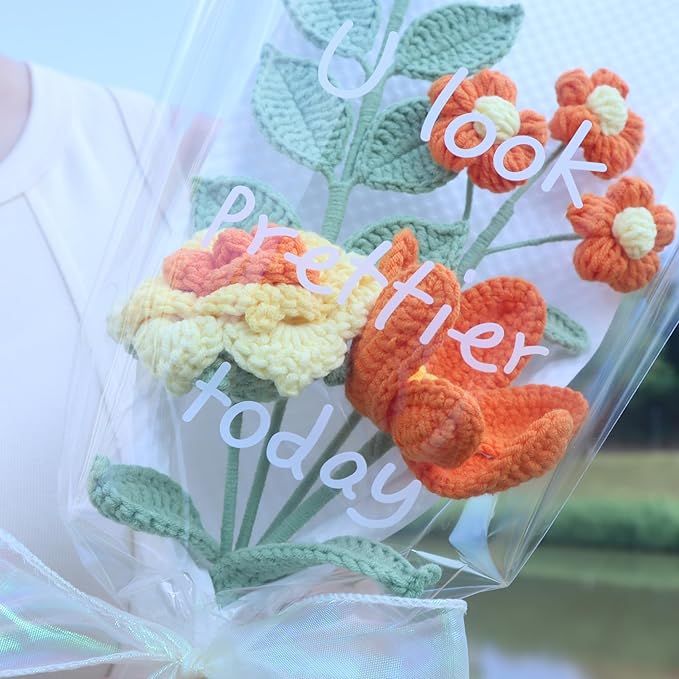 YOOJEE Crochet Flower Bouquet Yellow Rose Tulip Christmas Day Gift - Pet-Safe Handmade Knitted Florals for Women Coworkers Teachers with Greeting Card