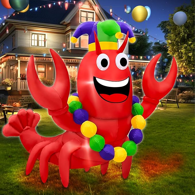 6 Ft Mardi Gras Decorations Inflatable Lobster with Crown Necklace Built-in LED Lights, Blow Up Lobster Outdoor Decor for Mardi Gras Carnival Party Yard Lawn Garden Home Indoor