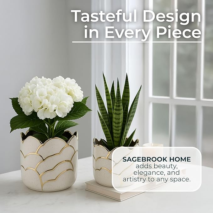 Modern Decorative Home Decor Planters for Flower Pots - Ideal for Indoor and Outdoor Plants for House Decor - Plant Pots for Garden Accent or Plant Stand Indoor - Set of 2, 7", 5", Ivory & Gold