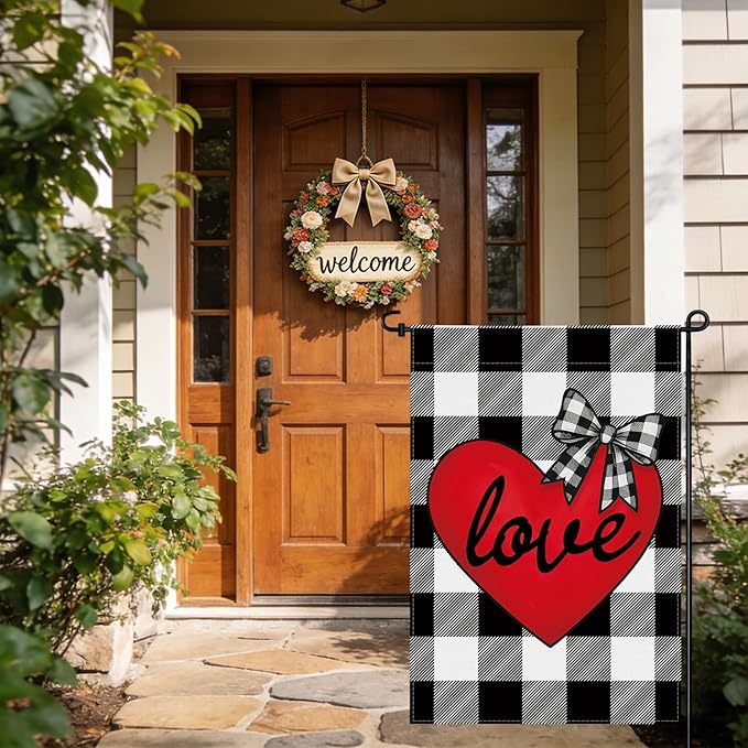 pretty_jessie Valentines Day Garden Flag 12x18 Inch Double Sided, Buffalo Plaid Love Hearts Burlap Yard Flag Anniversary Patio, Porch, Backyard Outdoor Decorations